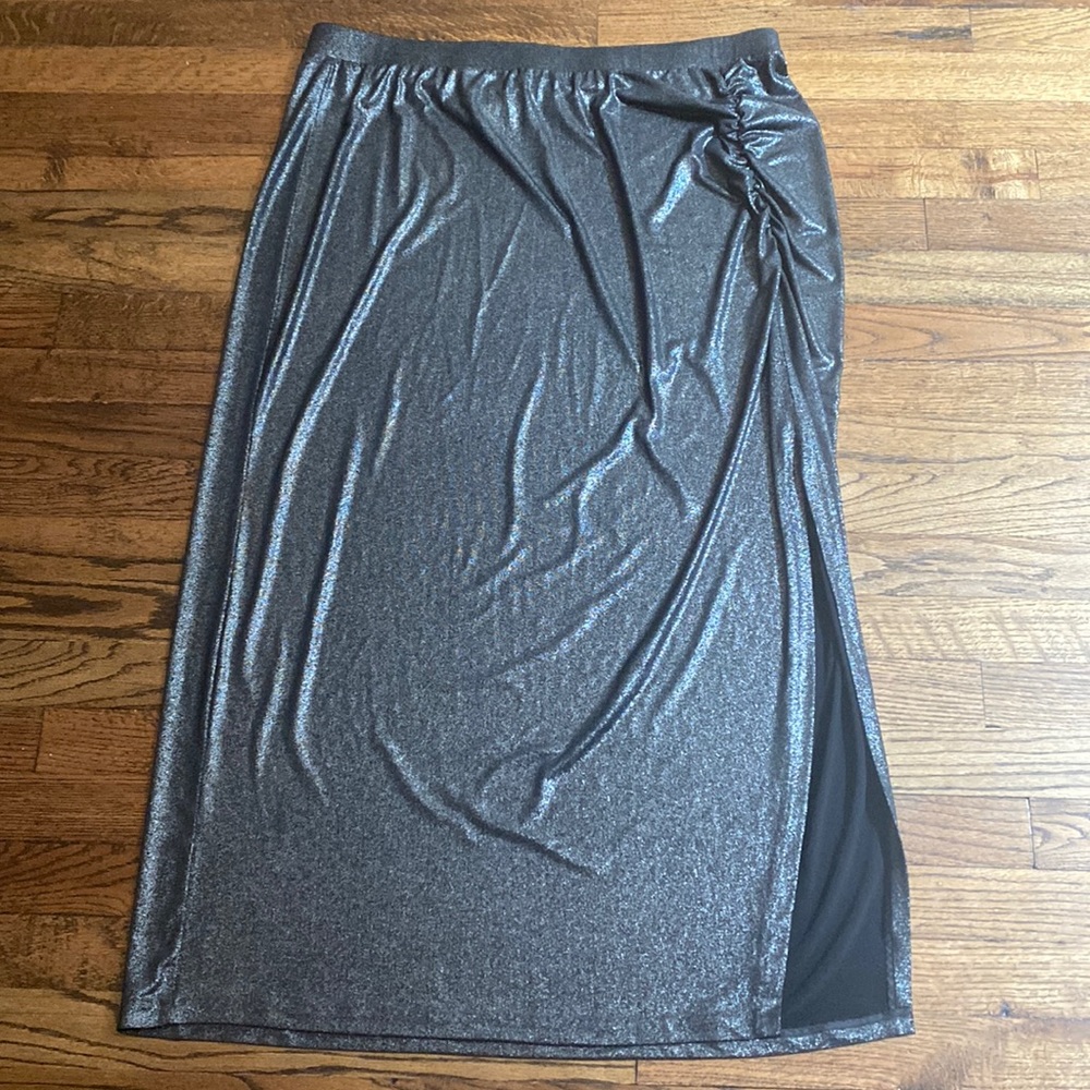 Lane Bryant 18/20 Gray Silver Metallic Shiny Maxi Skirt with Slit XL 2X XXL